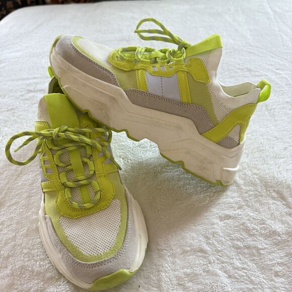 H&M Womens Sz 6 Neon Green Highlighter Lace Up Chunky Style Trainers Sneakers - Picture 1 of 7